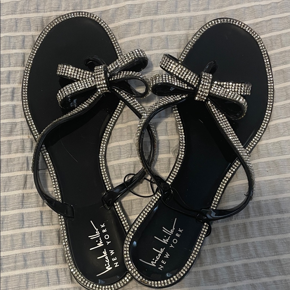 Black Crystal Bow Sandals by Nicole Miller